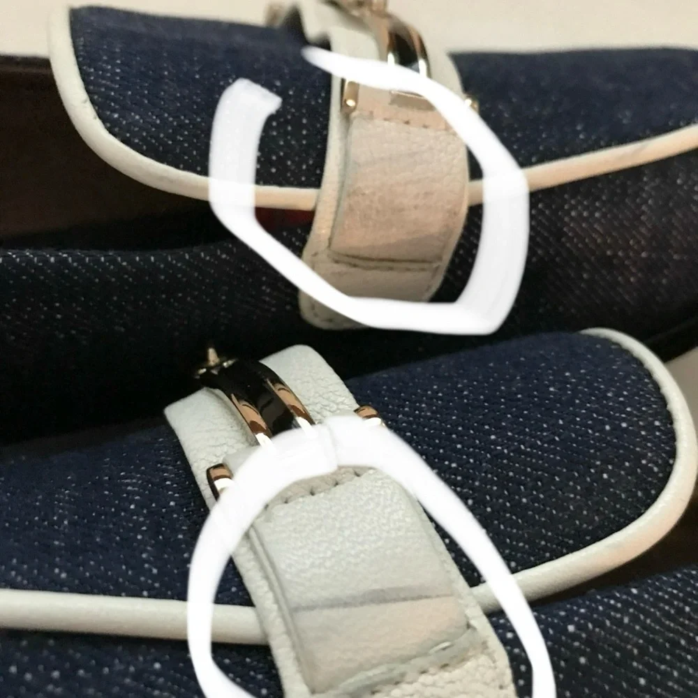 Newbark Melanie White Leather Trimmed Dark Navy Denim Loafers Size 7
